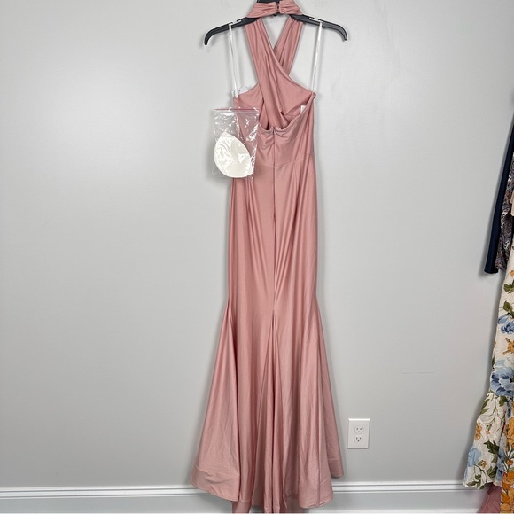 Cynthia & Sahar XIMENA Toasted Sugar CrissCross Halter Satin Mermaid Dress CS112 - Picture 7 of 10